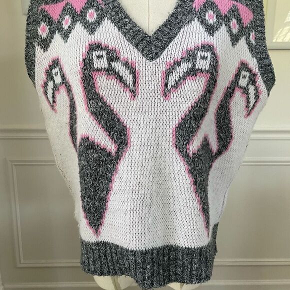Vintage 80s Jolie Flamingo Pink Grey White Sweater Vest M - Picture 3 of 8
